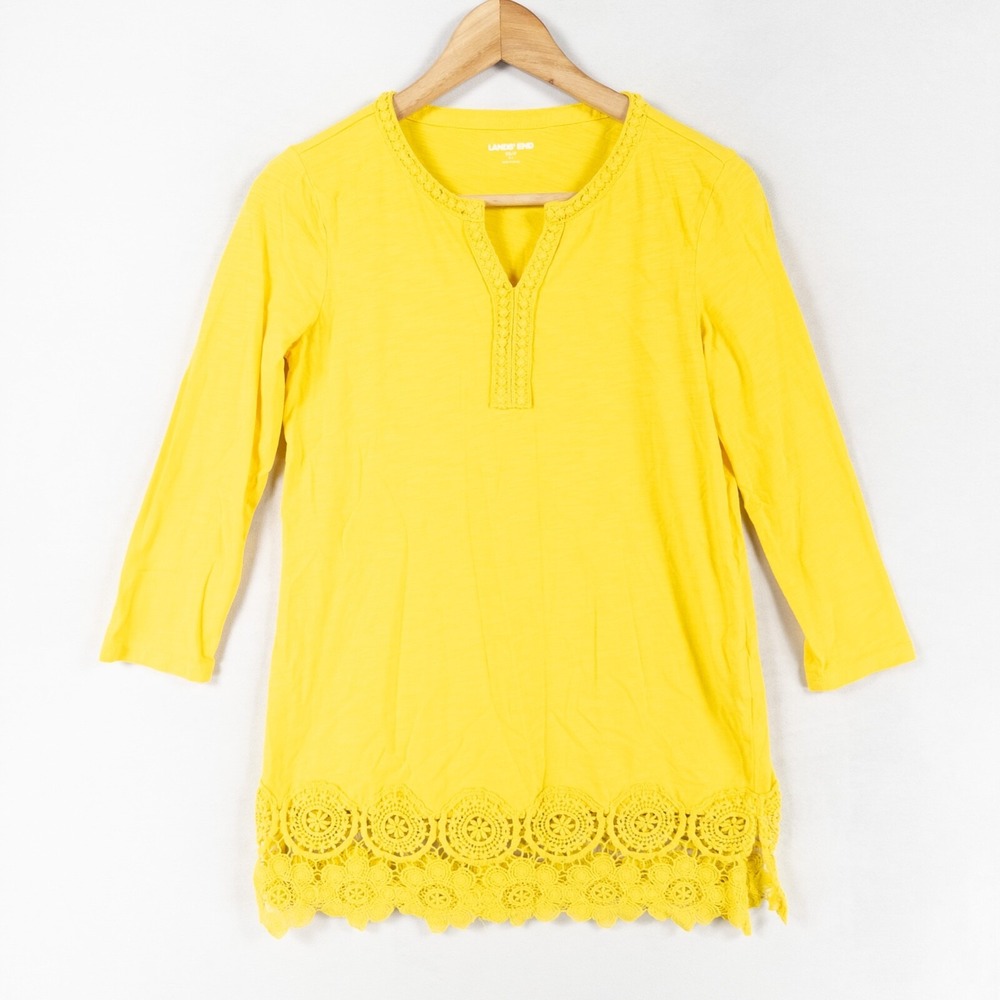 Lands' End Top XS Yellow Cotton Modal Knit Split Neck Crochet Lace Trim 3/4 Slv